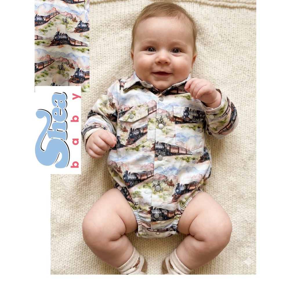 Shea Baby Western Train Cowboy Print Long Sleeve Romper Onesie 12-18M Western